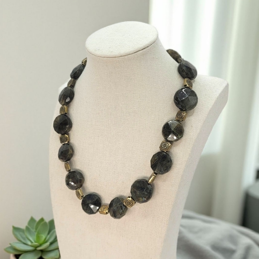 Vintage Labradorite Necklace 925 Sterling Silver Ornate Clasp 19" Gold Plated